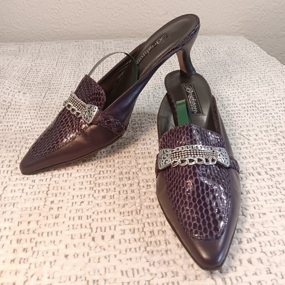 Brighton 'Zasu' Women's Purple Snake Print Leather Mule Slides Made In Italy 8.5